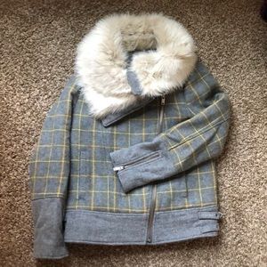 Faux Fur Collar, grey(lime) plaid BR Moto jacket M